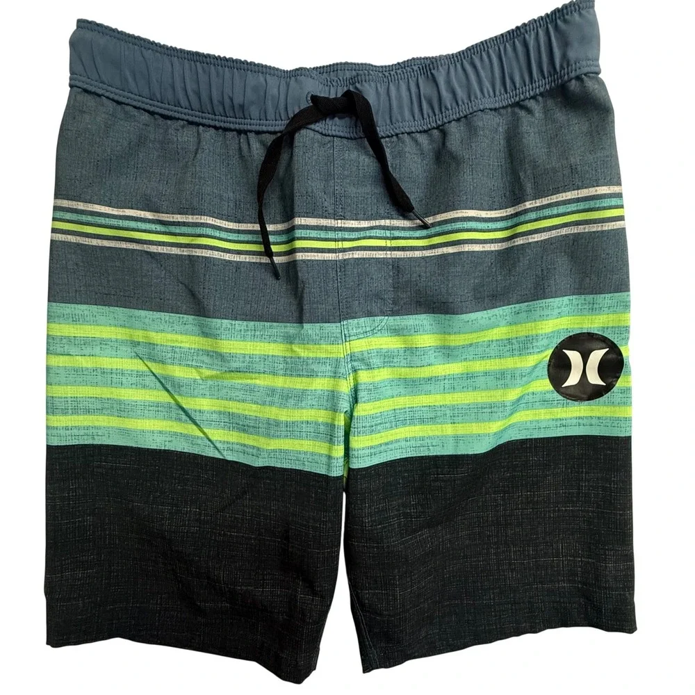 Hurley‎ Boys Blue Green Striped Board Shorts Swim Trunks Size 10/12 L 5888-B6Z